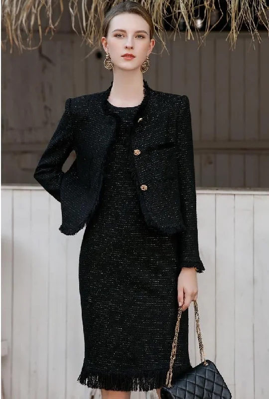 Black Tweed Button-up Jacket and Dress Set Beach unclassified dresses