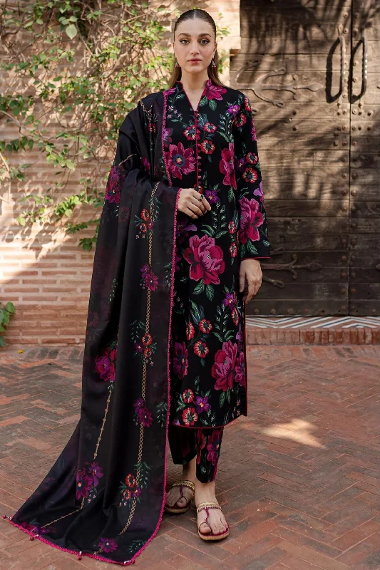 Black Floral Printed Khadar 3PC Smocked floral dresses