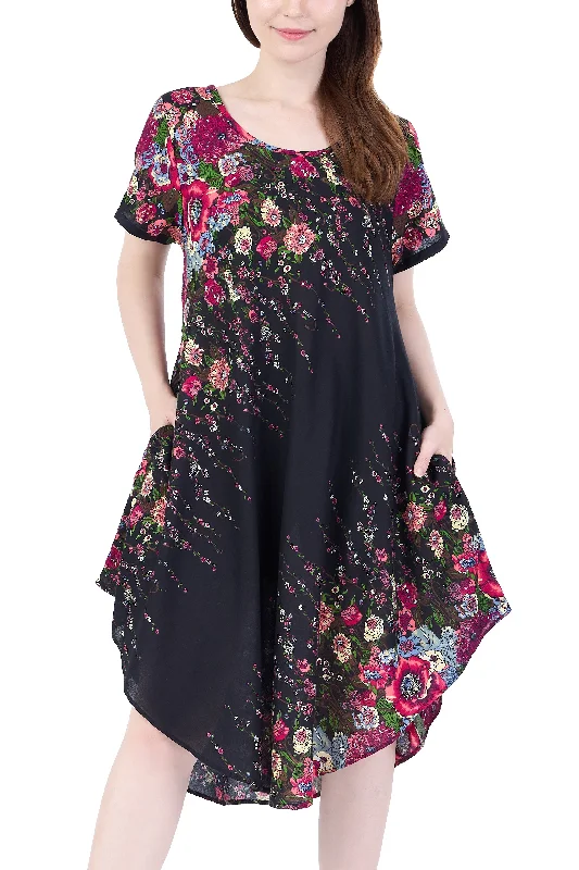 Black Flower fabric Dress with Sleeves and Two Pockets Lounge unclassified dresses