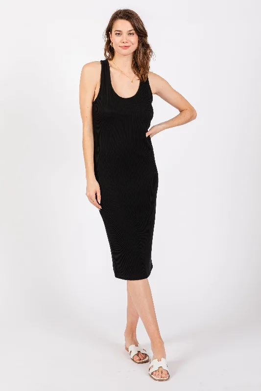 Black Ribbed Sleeveless Fitted Dress Dark color unclassified dresses