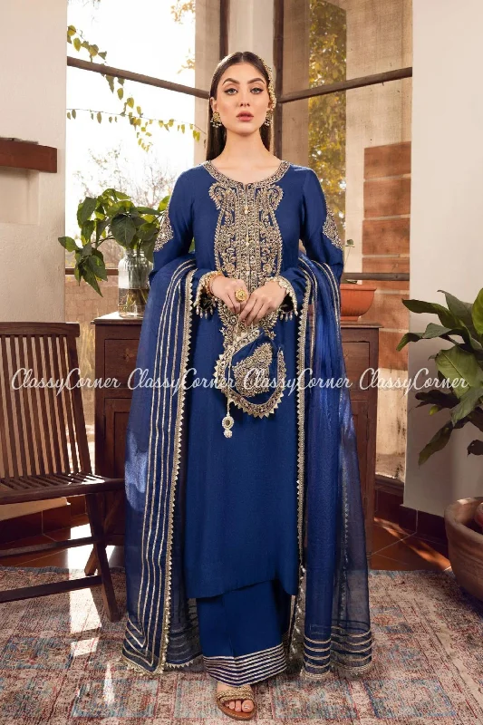 Blue Khaddi Silk Pakistani Readymade Salwar Kameez One-shoulder unclassified dresses