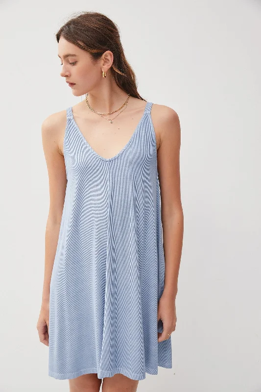 Blue Ribbed Sleeveless Front Seam Dress Party unclassified dresses