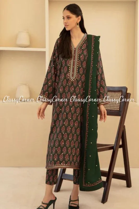 Bottle Green Digital Printed Viscose Salwar Kameez Discounted floral dresses