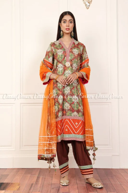 Brown Orange Viscose Embroidered Fromal Salwar Kameez Monochrome unclassified dresses