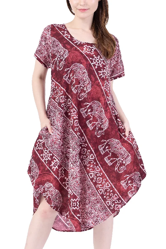 Burgundy Elephant Fabric Dress with Sleeves and Two Pockets Spring unclassified dresses