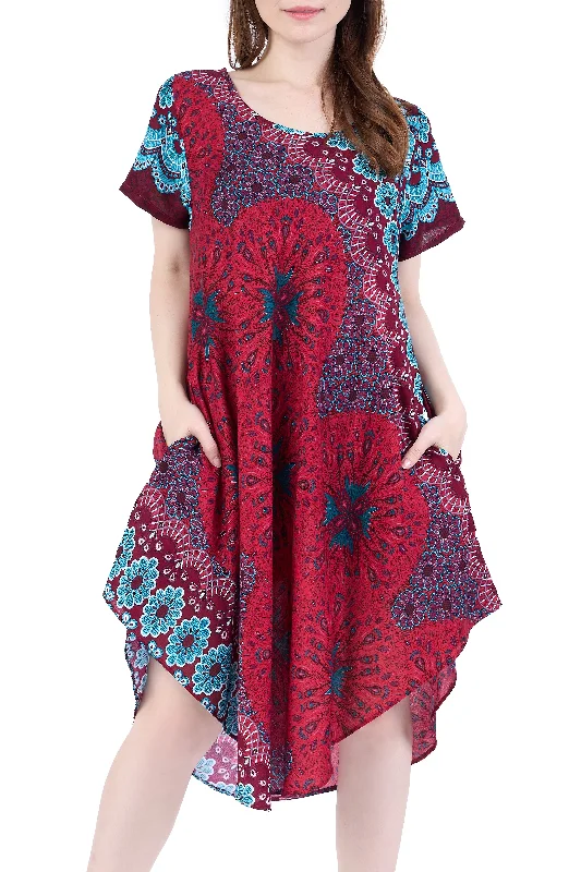 Burgundy Flower Mandala Dress with Sleeves and Two Pockets Wrap unclassified dresses