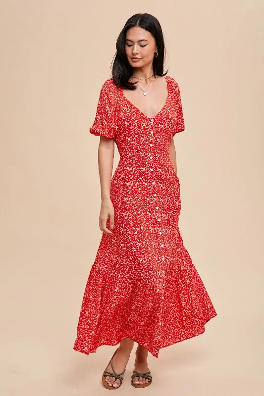 Cherry Red Floral Sweetheart Button Down Dress Vacation floral dresses