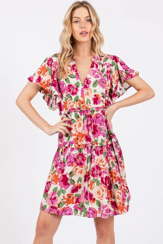 Cream Floral Ruffle Tiered V-Neck Dress Casual floral dresses