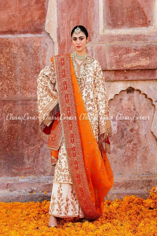 Cream Orange Silk Embroidered Salwar Kameez Long unclassified dresses