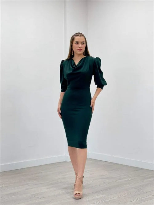 Crepe Fabric Degaje Collar Pen Dress - Emerald Green Chic unclassified dresses