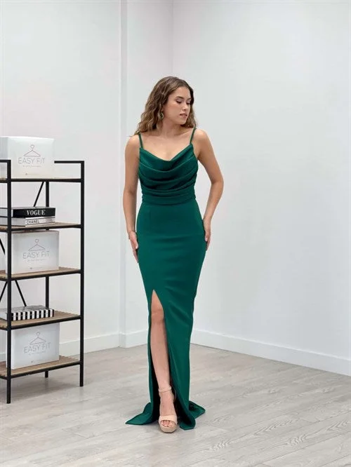 Crepe Fabric Degaje Collar Strap Dress - Emerald Green Wedding guest unclassified dresses