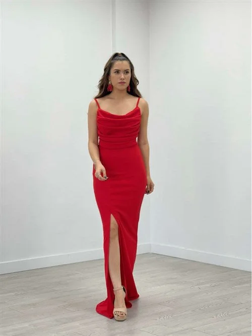 Crepe Fabric Degaje Collar Strap Dress - Red Women's unclassified dresses