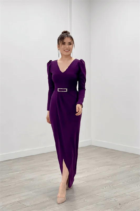 Crepe Fabric Pile Detailed Dress - Eggplant Purple One-shoulder unclassified dresses