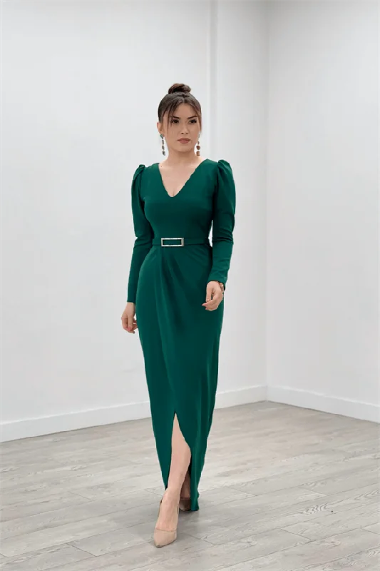 Crepe Fabric Pile Detailed Dress - Emerald Green Casual unclassified dresses