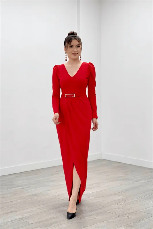 Crepe Fabric Pile Detailed Dress - Red Minimalist unclassified dresses