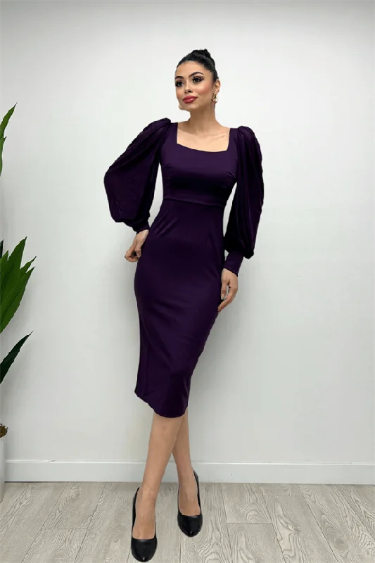 Crepe Fabric Square Collar Pen Dress - Eggplant Purple Tulle unclassified dresses