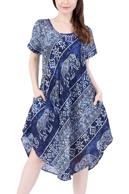 Dark Blue Elephant Fabric Dress with Sleeves and Two Pockets Bold pattern unclassified dresses