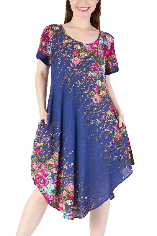 Dark Blue Flower fabric Dress with Sleeves and Two Pockets Trendy new unclassified dresses