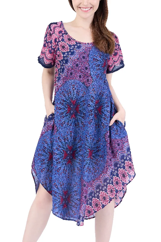 Dark Blue Flower Mandala Dress with Sleeves and Two Pockets Y2K unclassified dresses