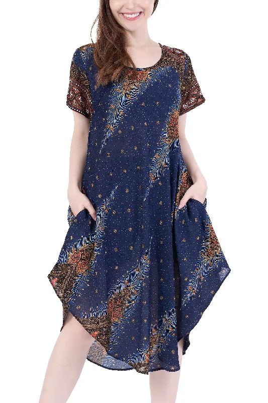 Dark Blue Peacock Fabric Dress with Sleeves and Two Pockets Denim unclassified dresses