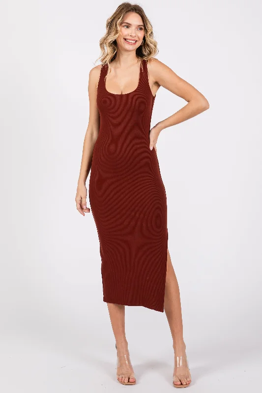 Dark Rust Ribbed Knit Sleeveless Side Slit Dress Wedding guest unclassified dresses