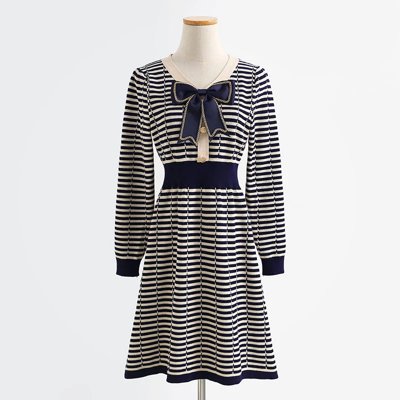 Design sense aging knitted striped dress with slim temperament  2281 Holiday unclassified dresses