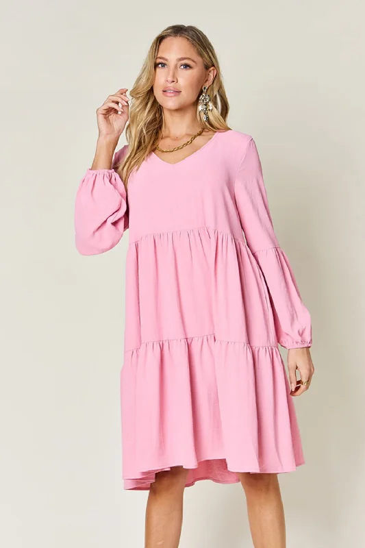 Double Take Full Size V-Neck Balloon Sleeve Tiered Dress with Pockets Stylish unclassified dresses