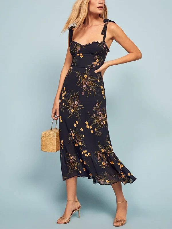 Amy Fashion - Elegant Vintage Floral Neck Sleeveless Strap Dress Versatile floral dresses for all occasions