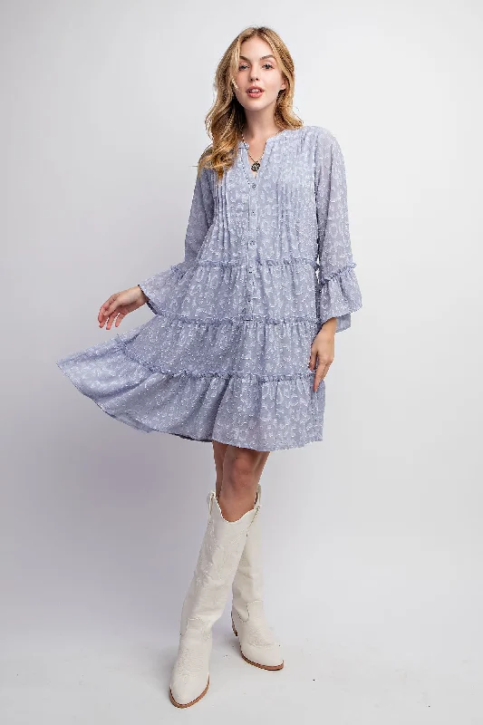 Dusty Blue Textured Chiffon Button Down Woven Dress Pastel unclassified dresses