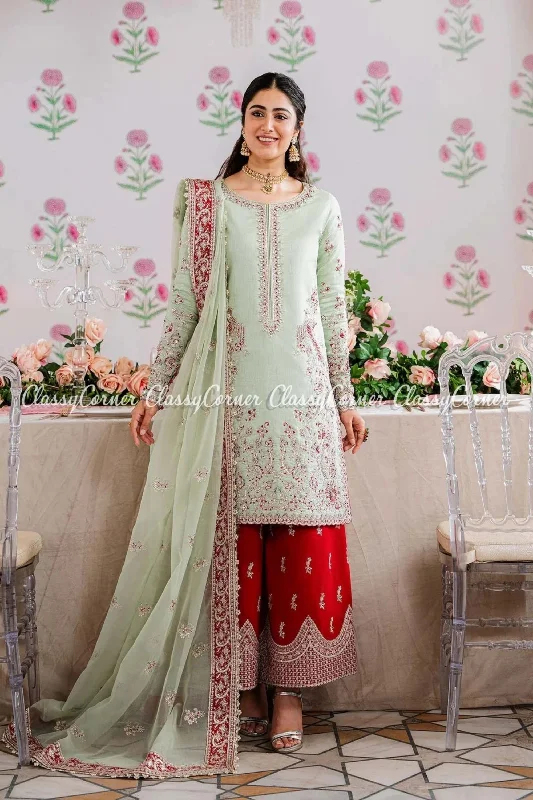 Elegant Mint Red Silk Embroidered Salwar Kameez Denim unclassified dresses