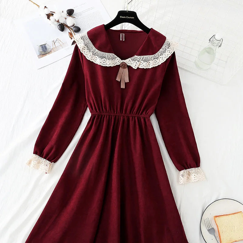 Female doll collar red corduroy dress  2180 Preppy unclassified dresses