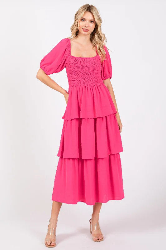 Fuchsia Smocked Body Ruffled Tiered Dress Comfortable unclassified dresses