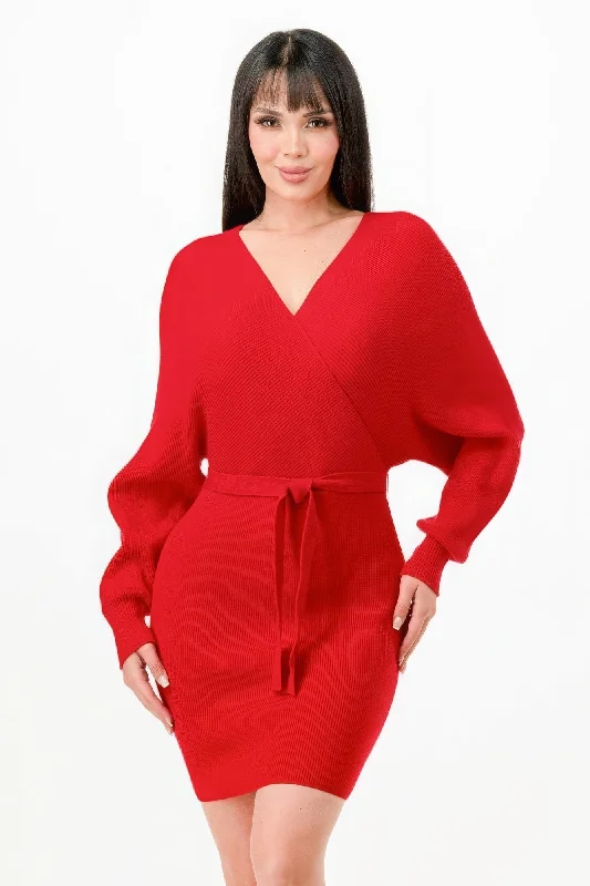 Off Shoulder Wrap Belted Ribbed Sweather Dress Trendy unclassified dresses