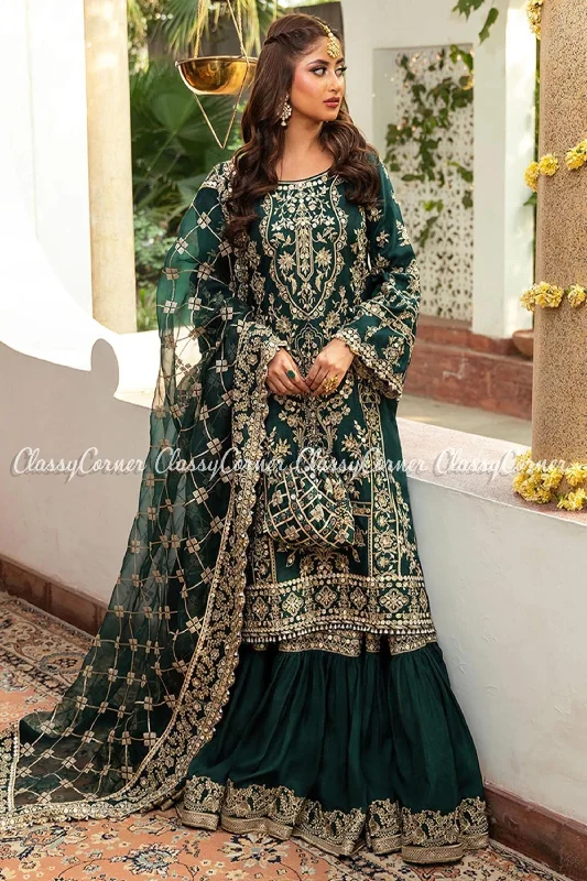 Green Golden Silk Embroidered Pakistani Gharara Off-shoulder unclassified dresses