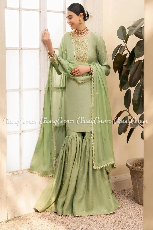 Green Khaddi Silk Pakistani Readymade Gharara Budget-friendly unclassified dresses