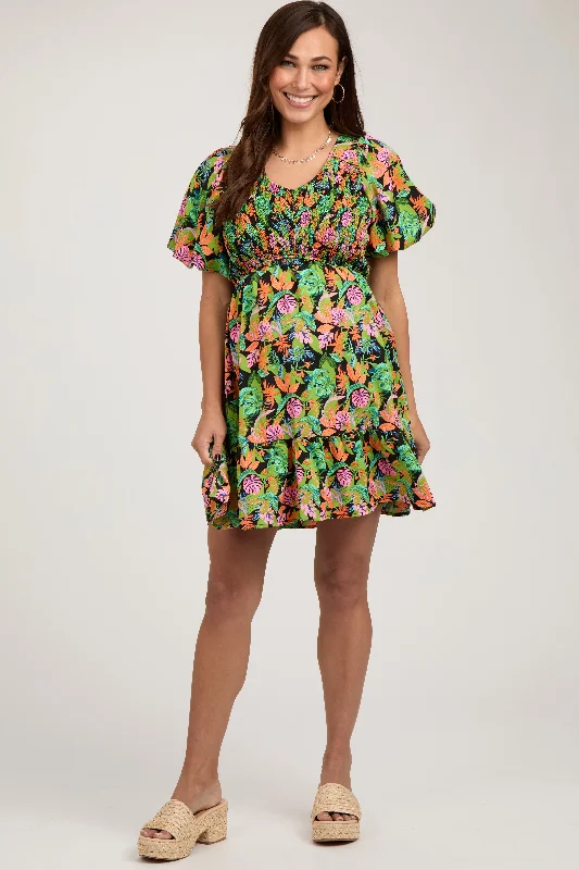 Green Multi-Color Tropical Print Ruffle Hem Maternity Dress Anniversary floral dresses