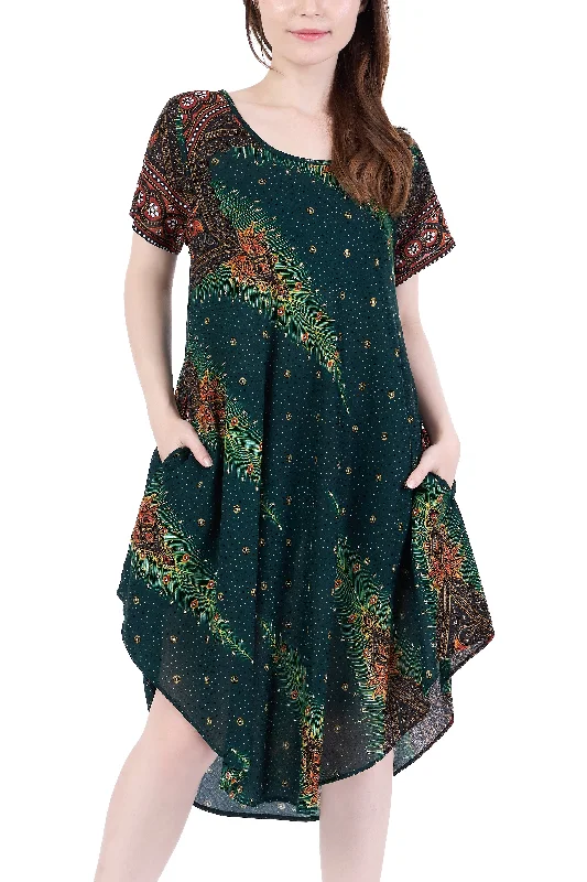 Green Peacock Fabric Dress with Sleeves and Two Pockets Casual chic unclassified dresses