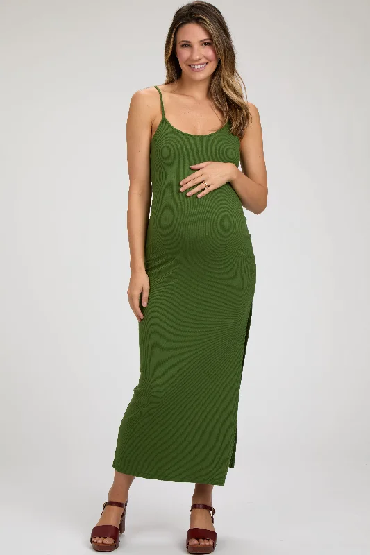 Green Ribbed Sleeveless Side Slit Maternity Dress Halter unclassified dresses