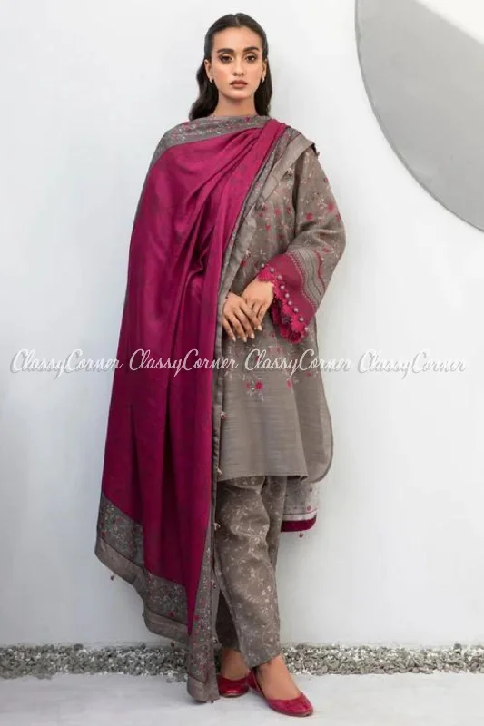 Grey Magenta Khaddar Embroidered Casual Salwar Kameez A-line unclassified dresses