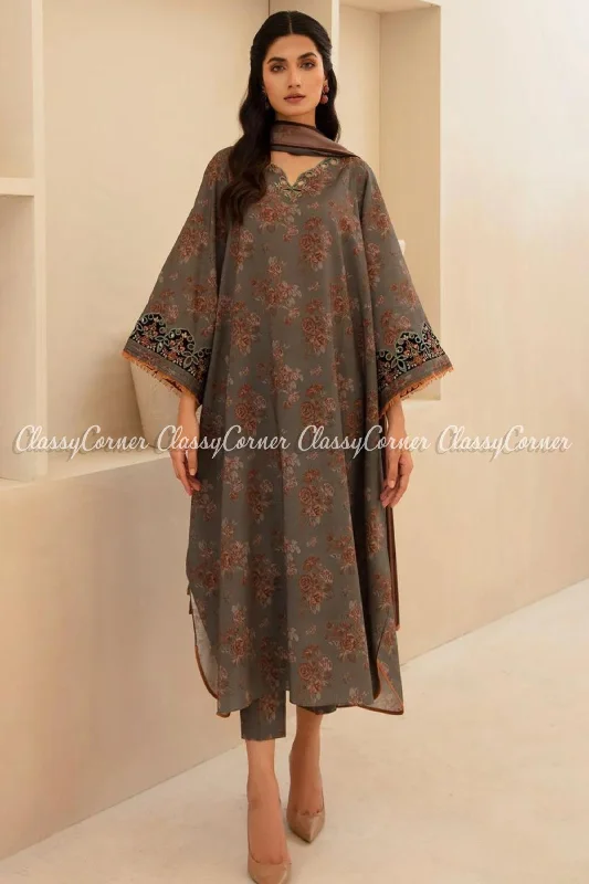 Grey Orange Printed Viscose Khaddar Formal Wear Suit A-line floral dresses