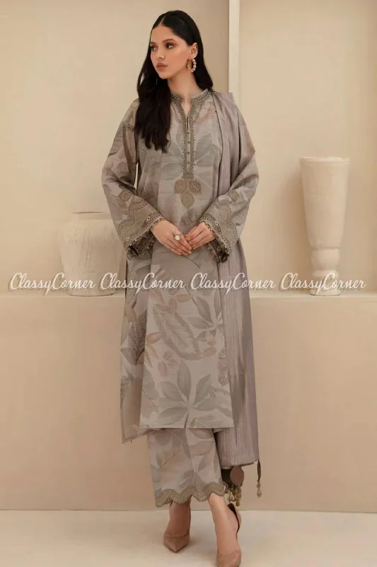 Grey Printed Viscose Khaddar Formal Wear Salwar Kameez Bodycon floral dresses