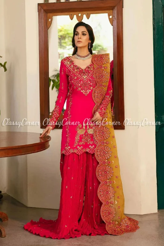 Hot Pink Yellow Raw Silk Embroidered Pakistani Sharara Dress Satin unclassified dresses