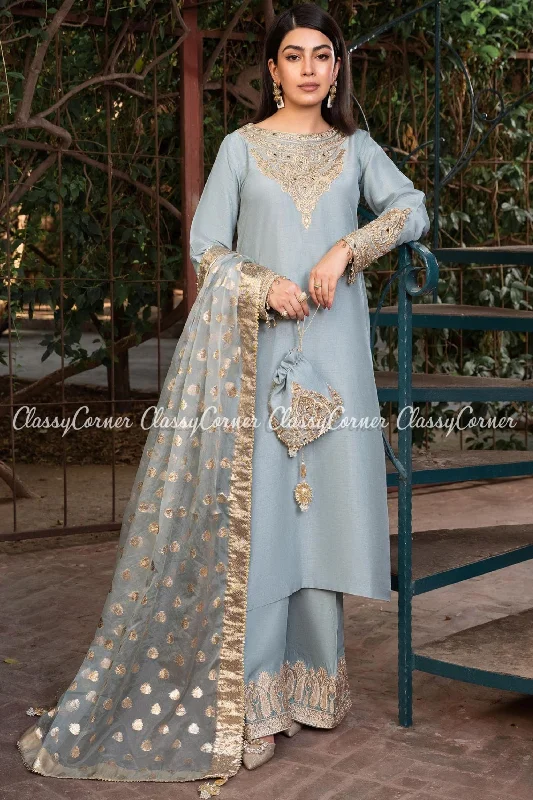 Ice Blue Khaddi Silk Readymade Salwar Kameez Flowy unclassified dresses