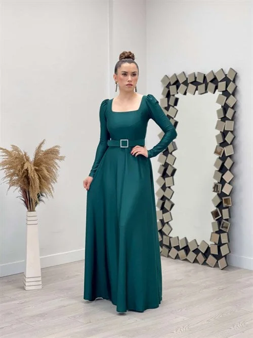 Import Crepe Satin Fabric Square Neck Collar Summary Dress - Emerald Green Silk unclassified dresses