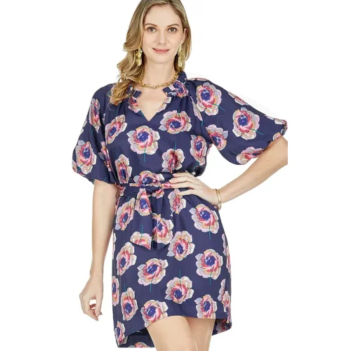 JADE NAVY ROSE SPLIT NECK PUFF SLEEVE DRESS Vacation unclassified dresses