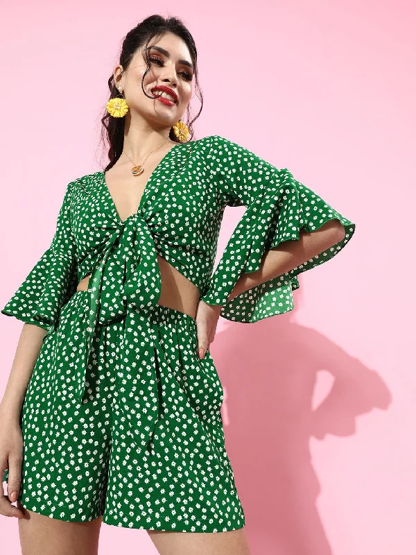 Berrylush Women Green Polka Dot Printed V-Neck Tie-Up Jumpsuit Organza floral dresses