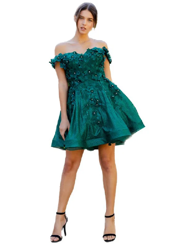 Hunter Green 3D Floral Applique Corset Off Shoulder Short Dress for Women, Sizes XS-3XL Short floral dresses