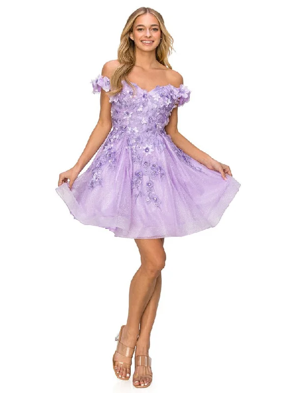 Lilac 3D Floral Applique Corset Off Shoulder Short Dress for Women, Sizes XS-3XL Plus size floral dresses