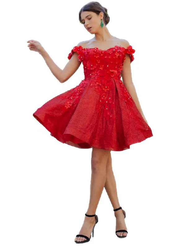 Red 3D Floral Applique Corset Off Shoulder Short Dress for Women, Sizes XS-3XL Hot new arrivals in floral dresses