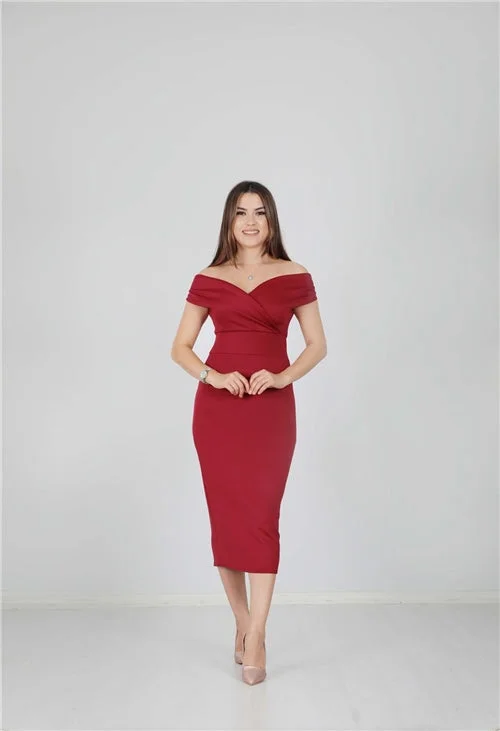 Kayık Collar Pen Dress - Burgundy Chic unclassified dresses